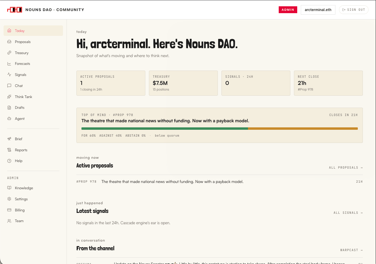 SmartDAO Today view — proposal intelligence, outcome forecasting, and treasury signals in one place